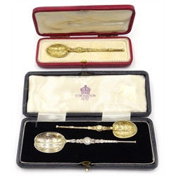 1937 silver anointing spoon by Roberts & Dore Ltd, Sheffield 1936, silver-gilt anointing spoon Charles Boyton, London 1901, both cased and one other, London 1936 (3)  