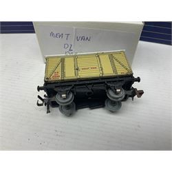 Hornby Dublo - nineteen goods wagons comprising 32040 Goods Van D1 (SR) in LMS stickered box, DR375 Goods Van D1 (GW), D303 Open Goods Wagon D1 (GW), 32044, 32076, 32052, 32021, 32074, 32056, 32065, DR379, 32070, 32020, DR373, two x 32075, High Sided Wagon D2 (LMS) in NE stickered box; all boxed; Tank Wagon D1 (Esso) and DR380 Meat Van D1; both in later unassociated boxes (19)