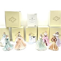 Royal Doulton figure, April-Dimond HN4973, with box, together with eight Coalport figures, comprising  Janet, With Thanks, Fay, Emma, Happy Birthday, Mary, Ladies of Fashion Joan, and Congratulations, seven with boxes. 
