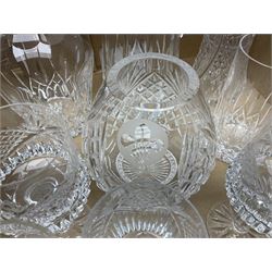 Collection of Waterford and Tyrone crystal, including wine glasses, clock, bowl, etc, together with a collection of other cut glass and crystal
