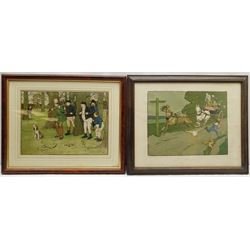 After Cecil Aldin (British 1870-1935): 'Rook Shooting at Dingley Dell', chromolithograph from the 'Pictures from Pickwick' series pub. Lawrence and Jellicoe 29cm x 39cm; 'Trouble Ahead', chromolithograph pub. Lawrence and Jellicoe 29cm x 36cm; 'My Heart's in the Highlands' and 'A Thoroughbred Mongrel', pair reproduction prints 25cm x 19cm (4)