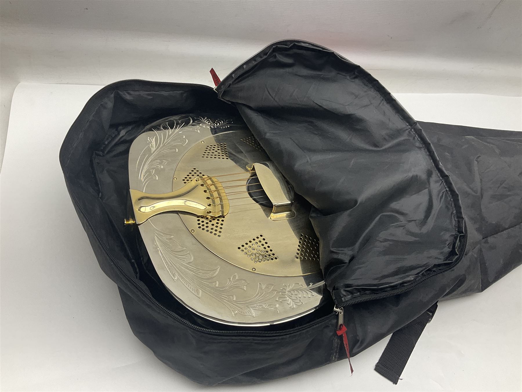 Ozark Dobro chromium plated on brass National style resonator guitar with foliate engraving L98cm; in Ritter soft carrying case