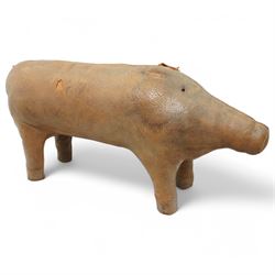 Dimitri Omersa (1927-1975) for Liberty's of London, two mid-20th century brown leather footstools, in the form of a pig and piglet, larger pig bearing Liberty stamp beneath ear, pig W86cm, piglet W49cm