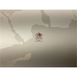 Royal Albert Old Country Roses pattern tea set, comprising teapot, coffee pot, six teacups and six saucers, five side plates, further teacup with joined saucer and side plate, open sucrier, milk jug, cake plate, and preserve pot and cover, together with Royal Albert Jubilee Rose pattern sauce boat and stand, and Royal Albert Lavender Rose pattern cake stand. 