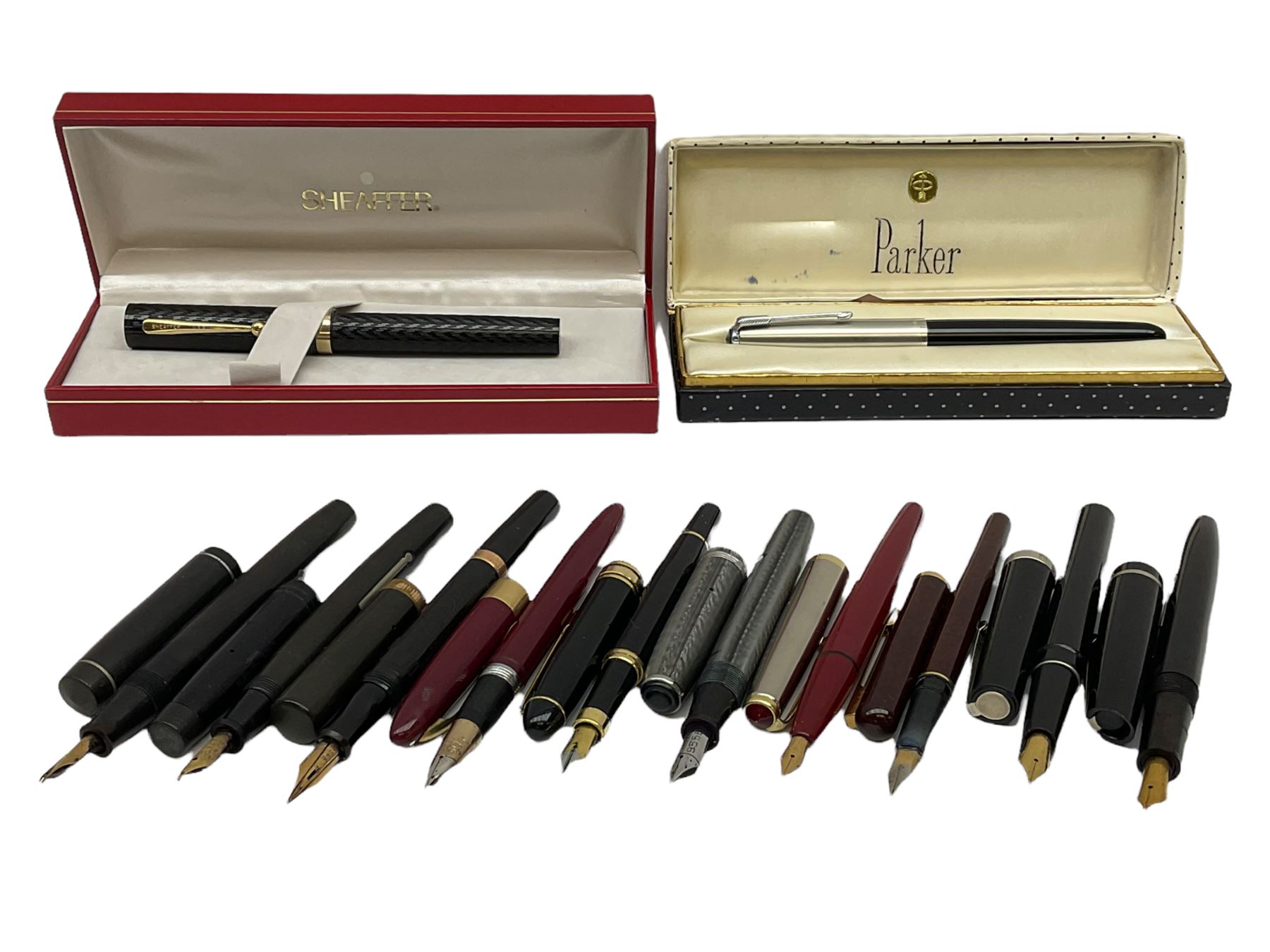 Six fountain pens with gold nibs to include Sheaffer, Macniven & Cameron Ltd and Conway examples, together with four other fountain pens including a boxed Parker pen and a boxed Sheaffer pen in black case with chevron pattern detail