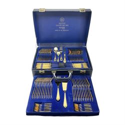 Bestecke Solingen canteen of gold plated cutlery for twelve place settings, including ladle, cake slice, fish servers, fish knives and forks, 108 pieces total, contained within a briefcase 