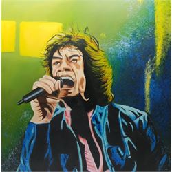 Peter J Bailey (British 1951-): Jazz Series - Mick 'Jagger', oil on canvas signed and inscribed verso 99cm x 99cm (unframed)
