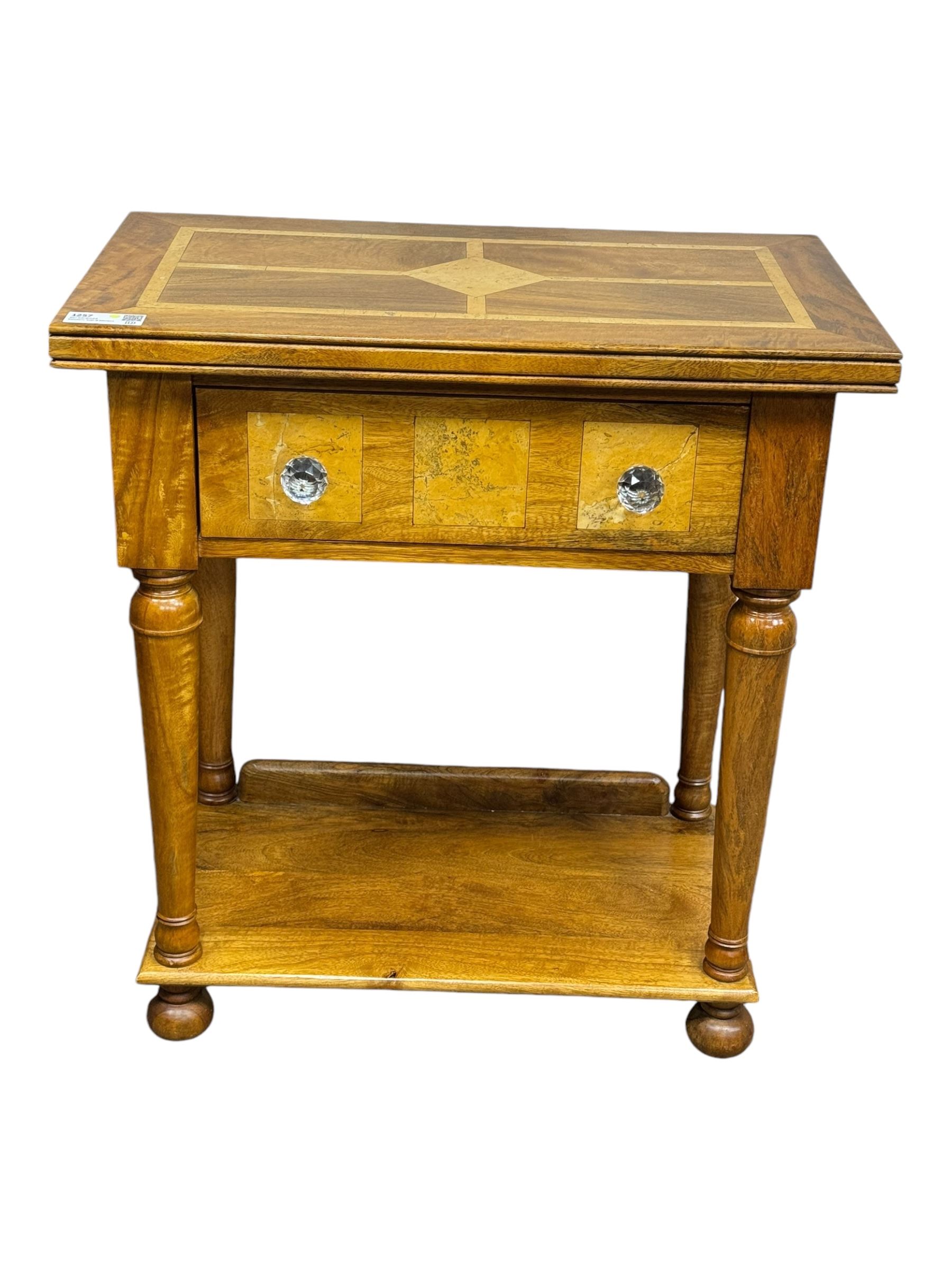 Barker and Stonehouse -  contemporary 'Flagstone' side table, rectangular crossbanded top with central diamond inlay, over single frieze drawer with faceted glass pulls, turned columns and undertier shelf, raised on bun feet