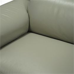 Modern Italian style leather two-seat sofa, upholstered in pale grey leather with panel stitched cushioning, with retractable head rests and broad arms, raised on square feet