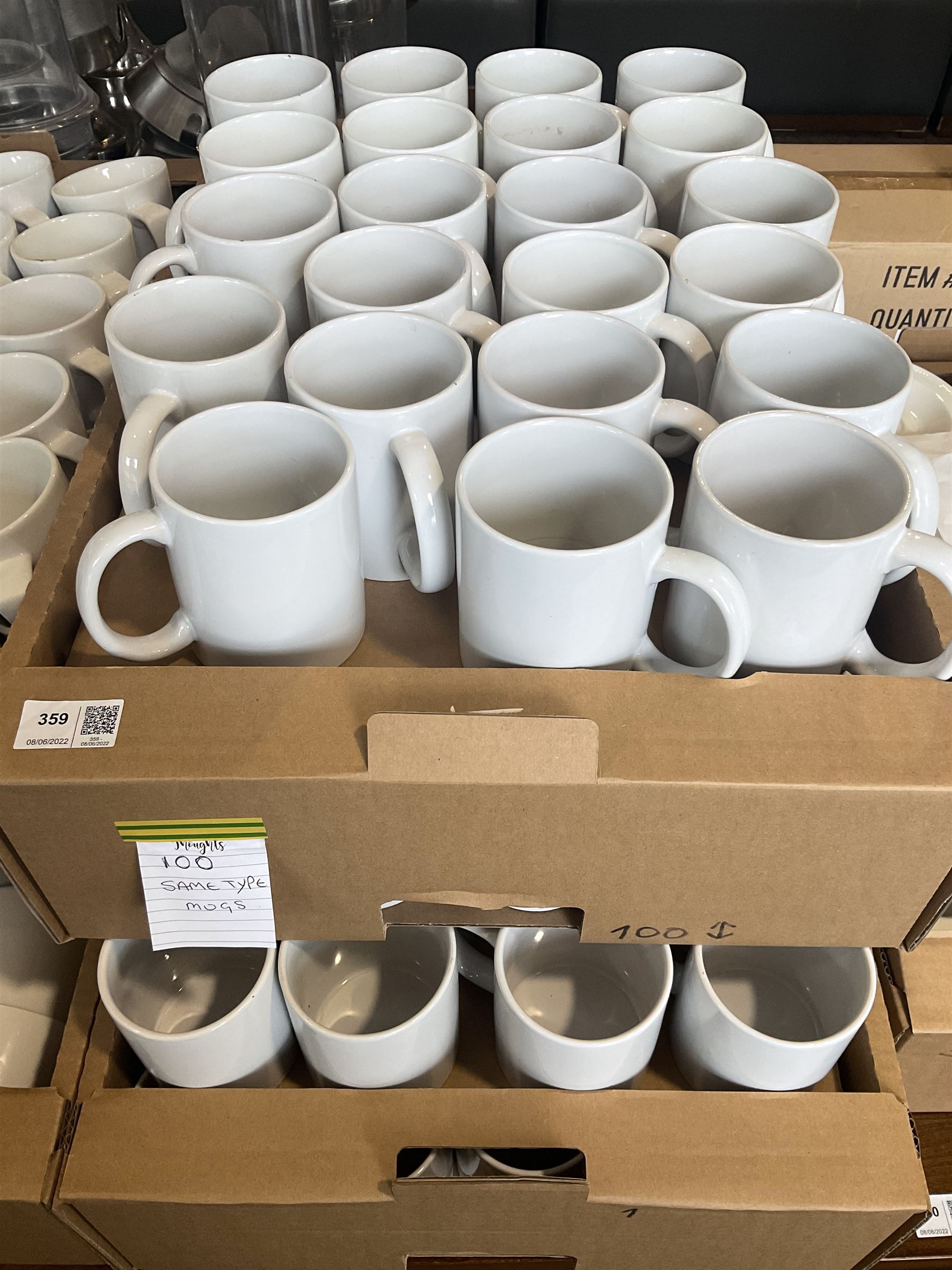 White ceramic same type mugs (100)- LOT SUBJECT TO VAT ON THE HAMMER PRICE - To be collected by appointment from The Ambassador Hotel, 36-38 Esplanade, Scarborough YO11 2AY. ALL GOODS MUST BE REMOVED BY WEDNESDAY 15TH JUNE.