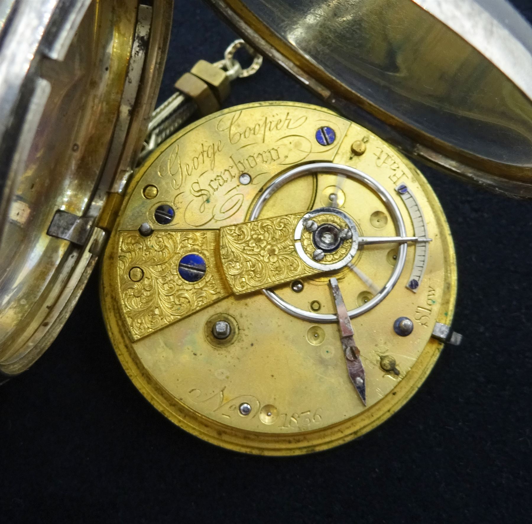 Victorian silver open face key wound lever pocket watch by Thomas Donkin, Scarborough, No. 18157, case by Charles Harris, Birmingham 1893, smaller silver pocket watch by George Cooper, Scarborough, No. 1836, on gilt watch chain, both with white enamel dials and subsidiary seconds dials and a silver fob watch