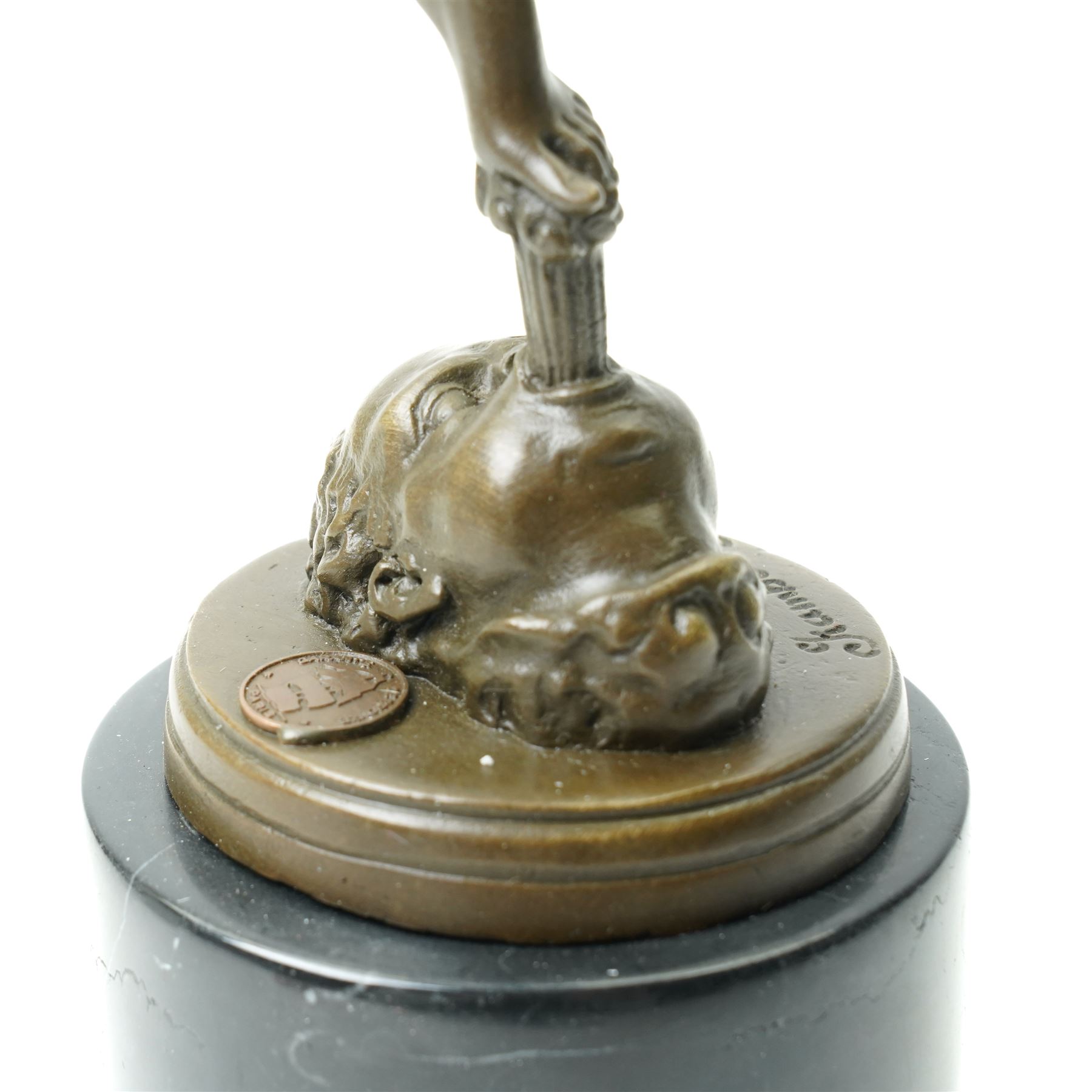 After Giambologna (Flemish 1529-1608): Bronze figure of Mercury holding a caduceus, on black marble base H43cm