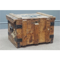  Early 20th century pine and metal bound trunk, metal carrying handles, top painted with 'T. R. N. H-T K', W54cm  