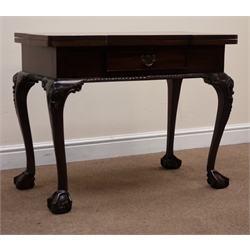  Georgian style mahogany games table, hinged lid enclosing inlaid chess and gammon board, single drawer, gate leg action floral carved cabriole legs on ball and claw feet, W90cm, H71cm, D89cm (maximum)  