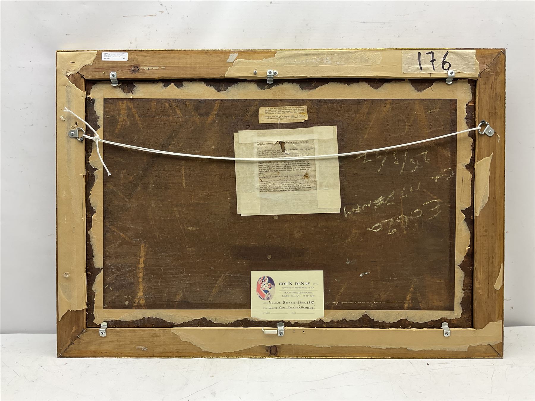 William Griffin of Hull (British fl.1837-1883): 'Whaling Ships Jane and Harmony off the Port of Hull with Holy Trinity Church in the distance', oil on panel signed and indistinctly dated 1837 l.l., labelled verso with history of ships 50cm x 79cm
Provenance: private collection purchased Christies 26th May 2004 Lot 603; with Colin Denny Ltd. Specialists in marine works of Art, Chelsea Green, London; probably painted to celebrate the end of the Jane's whaling career and the survival of both vessels from the severe conditions of the 1836 season where the 'Middleton' was wrecked, the 'Jane' was known as a Bethel ship having frequent religious services on board conducted the mate/preacher Stephen Wilson. Illustrated in Marine Painting in Hull Through Three Centuries' by Arthur Credland pub. Hull City Museums 1993, pp. 168