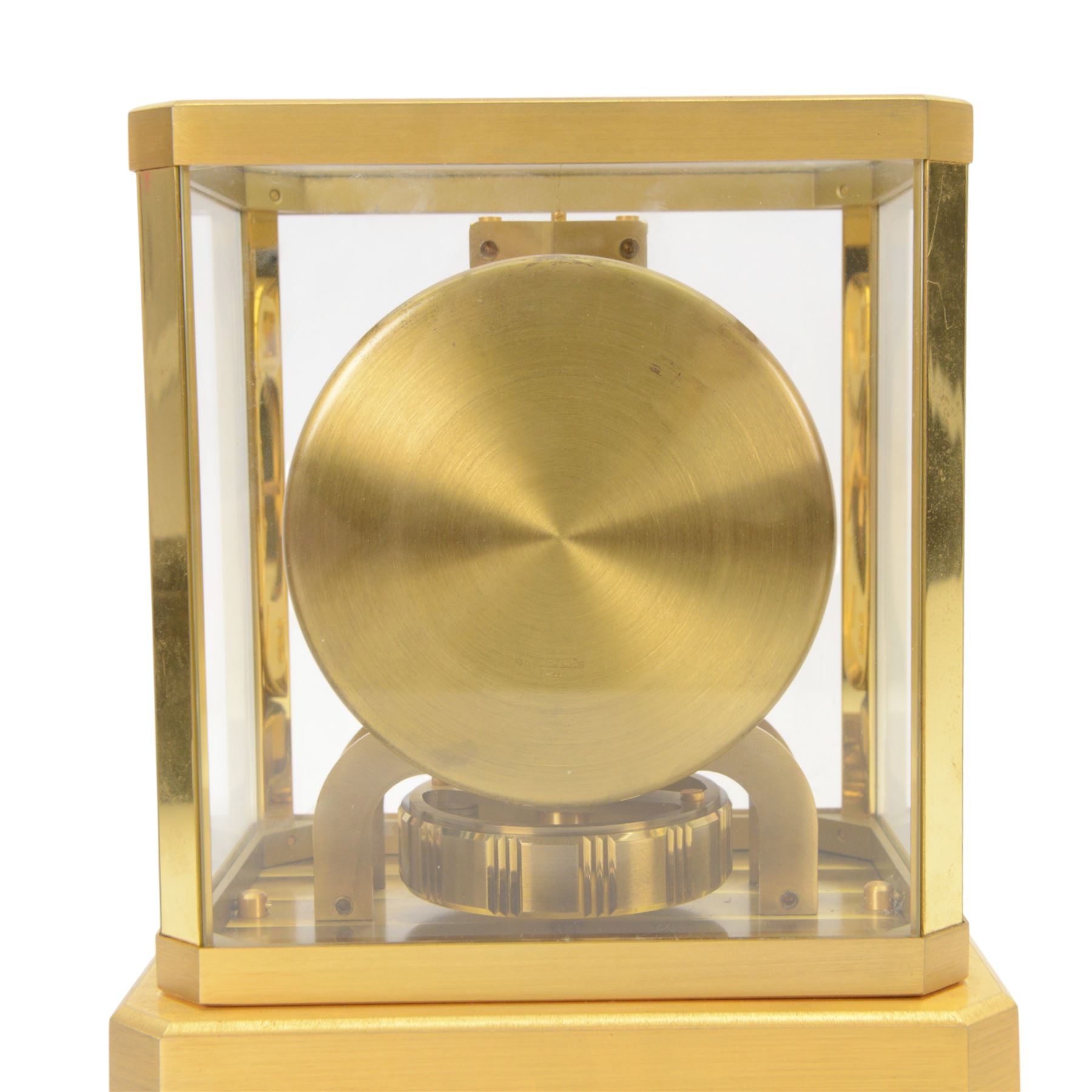 Jaeger-LeCoultre Atmos Clock - Caliber 528-6, 
gold-plated brass with glass panels, 15 jewel movement with atmospheric bellows winding motor, serial number 161881, circa 1960s, with engraved presentation plaque for W.W. Clayton, Canton Golf Club, 1964, in maker's box with instruction booklet, minute hand detached, H23.5xW21xD16cm