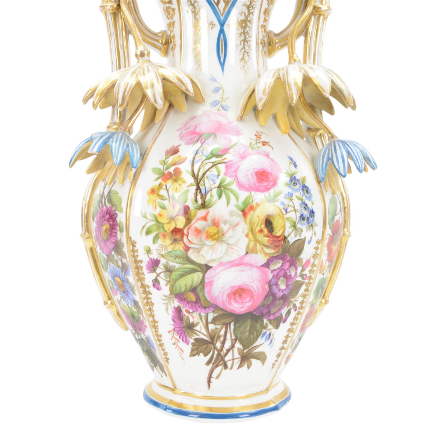 Large mid 19th century French porcelain vase, of baluster form with raised twin handles with applied stylised flower heads, the body painted with panels of pronounced floral sprays within blue and gilt borders, H58cm