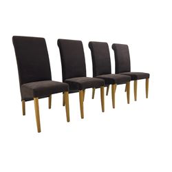 Set eight dining chairs, high back upholstered in chocolate faux suede fabric, on square tapering supports