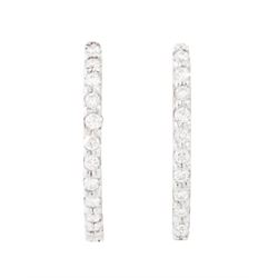 Pair of 14ct white gold diamond cluster earrings, each diamond hoop, suspending a detachable pendant set with a single fancy blue diamond, surrounded by a halo of round brilliant cut white diamonds, stamped 585, total blue diamond weight approx 1.10 carat