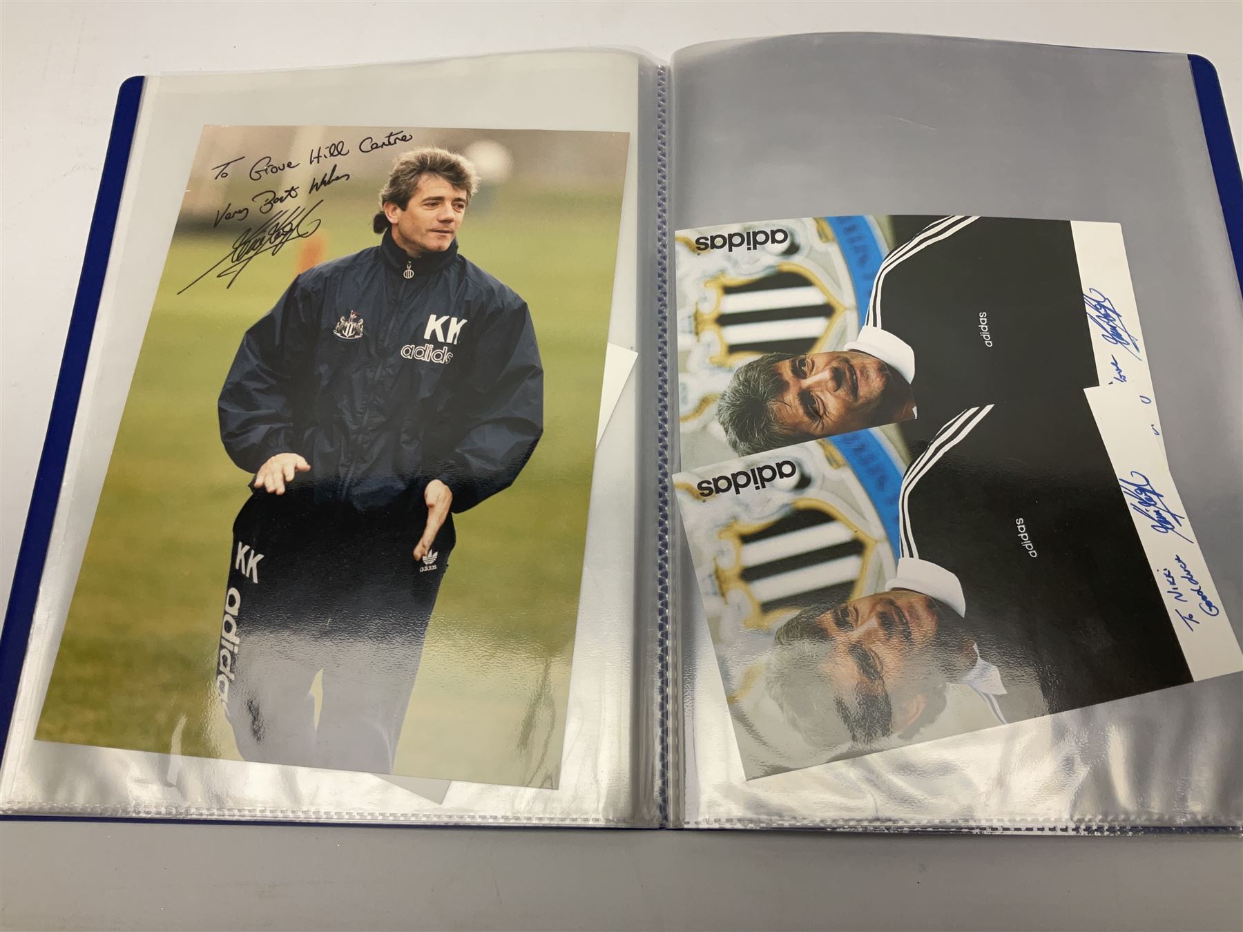 Two folders of over fifty photographs, cards, compliment slips etc of actors, actresses, celebrities, politicians, sports personalities etc, all bearing signatures, including David Frost, Lloyd Grosman, John Suchet, Julia Somerville and othe GMTV presenters, Carol Vorderman, Jackie Collins, Rolf Harris, Timothy Dalton, Pete Postlethwaite, Magnus magnusson, John Major, Kate Moss, Uri Geller, David Beckham, Peter Alliss, Sharon Davies, Kevin Keegan etc