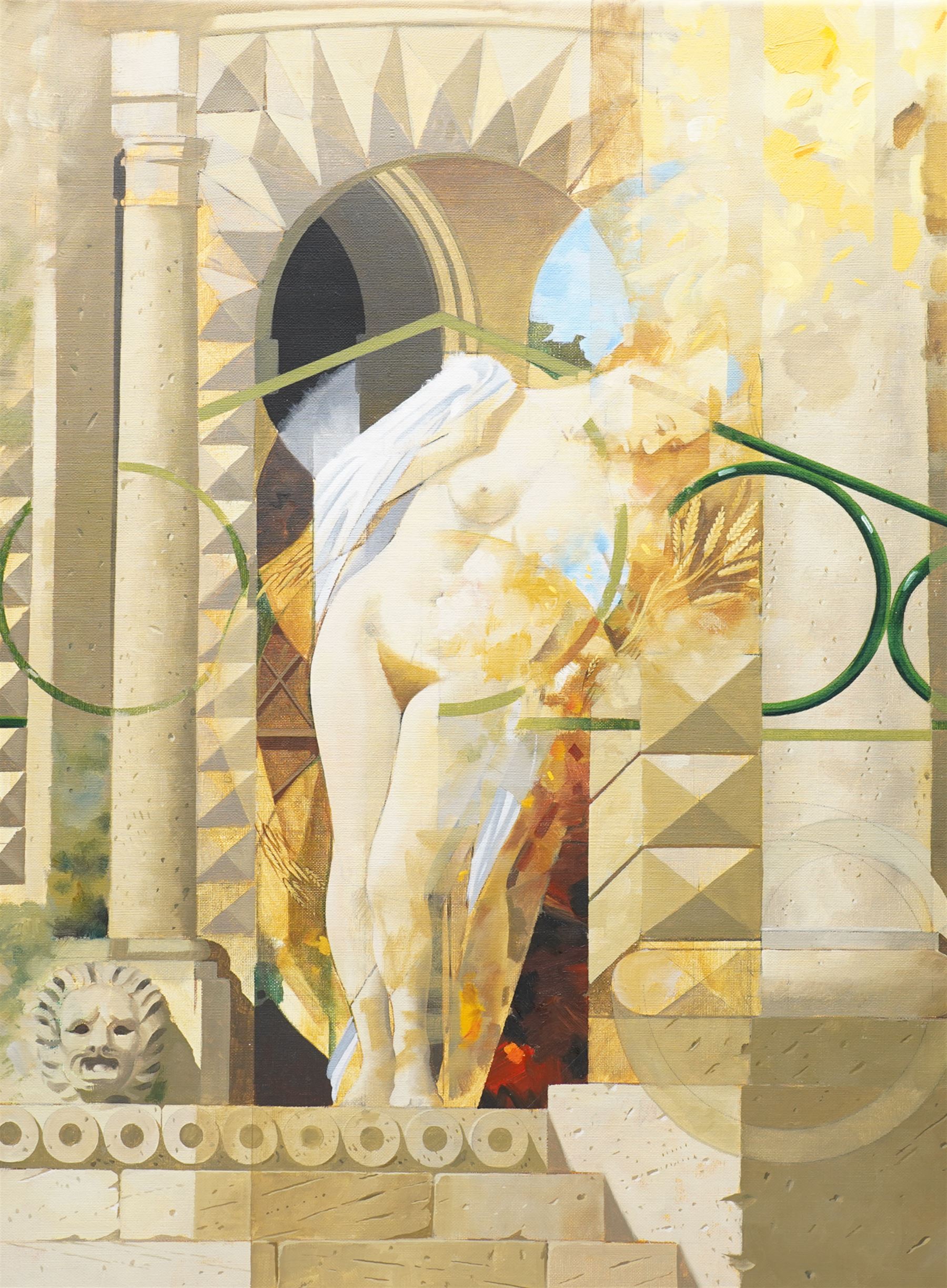 Swedish Surreal School (Mid-Century): Neoclassical Composition of a Female Nude in a Greek Temple Pronaos (Entrance), oil on canvas unsigned 61cm x 46cm