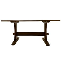 'Acornman' rectangular oak dining table, adzed top, stretcher base, carved Acorn signature, by Alan Grainger of Brandsby