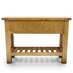 Contemporary golden ash and oak side table, rectangular top fitted with three drawers with swan-neck handles, on square supports united by slatted under-tier