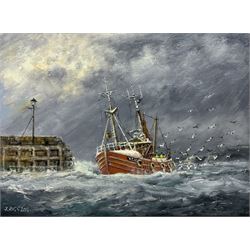 Jack Rigg (British 1927-2023): Kirkcaldy Trawler Followed by Seagulls, oil on canvas signed and dated 2015, 41cm x 56cm (unframed)