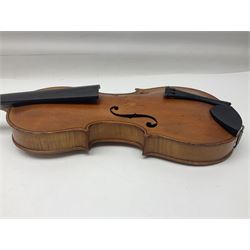 German violin c1900 stamped Stainer with 36cm two-piece maple back and ribs and spruce top L59.5cm overall; in simulated reptile skin carrying case