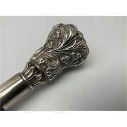 Silver topped walking cane, with embossed decoration in the Victorian taste of flowers, berries and acanthus leaves, stamped 925, upon an ebonised shaft, L94cm