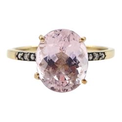 9ct gold single stone oval morganite ring, with diamond set shoulders, hallmarked