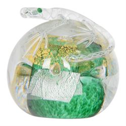 Michael James Hunter Twists Scottish glass paperweight topped with white and green lizard, signed to base, together with Karlin Rushbrooke studio glass,  Wedge Bottle in green and white, bottle H19cm