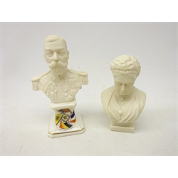  Grafton China bust of George V, base decorated with 'The Flags of Liberty' H12cm and a W.H Goss Queen Victoria 60th Year Memorial Parian bust. H10.5cm (2)  