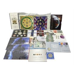 Two 2000 'Queen Elizabeth The Queen Mother' coin and banknote covers each containing five pound coin and banknote, other coin covers, four The Royal Mint United Kingdom brilliant uncirculated coin collections dated 1996, 1998 and two 1999 each in card folder, 1997 brilliant uncirculated 'Baby Gift Set' in card folder etc