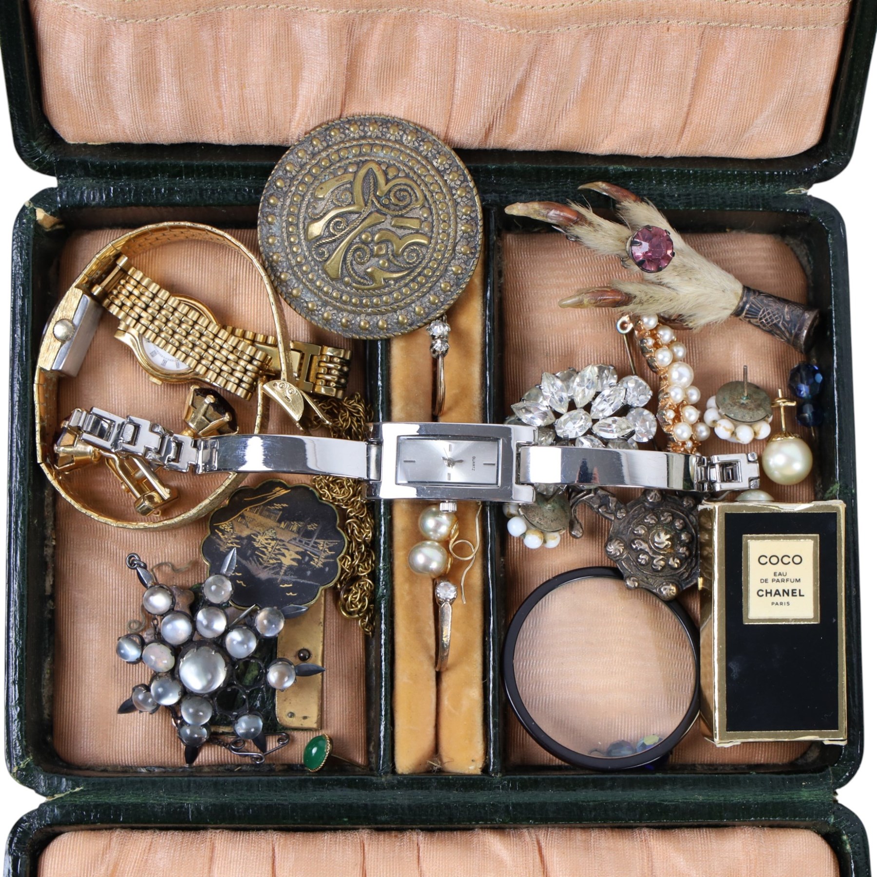 Pair of 9ct gold faux pearl earrings, two silver rings, Grosse brooch, silver-gilt Majorica pearl necklace and earrings, compact mirrors and a collection of costume jewellery