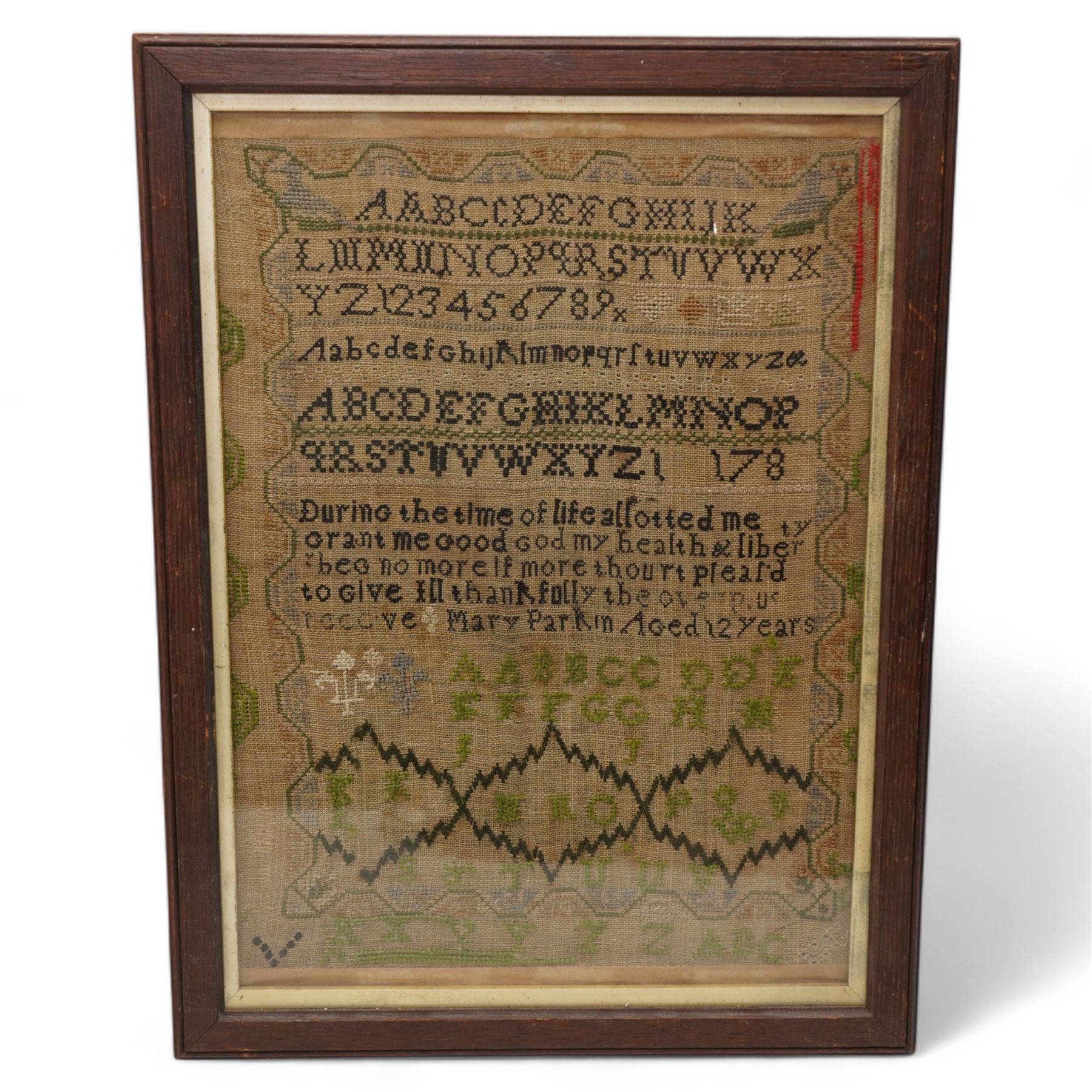  Early 19th century needlework sampler by Mary Parkin aged 12 years with alphabet, numerals and verse 40cm x 30cm and another by Margaret Dodgsons aged 9 years 1839 26cm x 32cm (2)