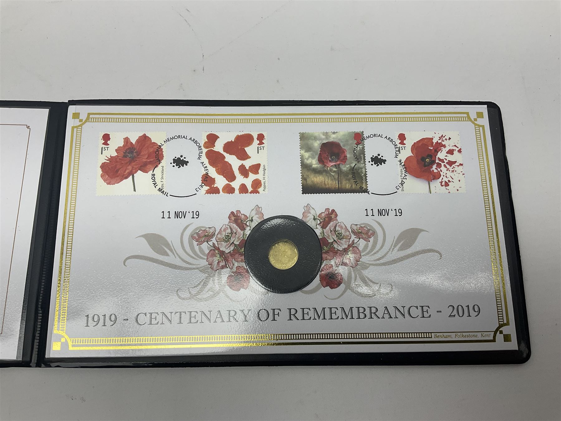 Queen Elizabeth II Alderney 2019 ‘Centenary of Remembrance’ 9ct solid gold coin cover, cased in Jubilee Mint folder with certificate 