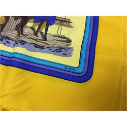 Hermès 'Ecuries' silk scarf, designed by Hugo Grygkar in 1947, printed with twenty horses in their respective stables, on yellow ground contained within stitched effect blue and purple and darker yellow gold borders, with rolled hand stitched edges and Hermes material label, 87cm square