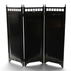 Late Victorian Aesthetic Movement ebonised and painted three-panel folding mirror screen, spindle gallery cresting rail over three rectangular mirror plates painted with floral pond scenes with lily-pads, swallows and kingfishers, each panel W37cm H110cm)