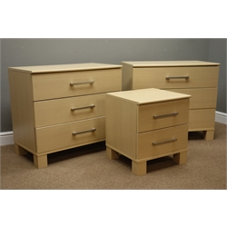  Two light wood finish three drawer chests (W82cm, D45cm, H72cm), and matching bedside  