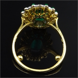  Oval emerald and diamond gold cluster ring, with emerald border hallmarked 18ct, emerald approx 1.9 carat, diamonds approx 1 carat  