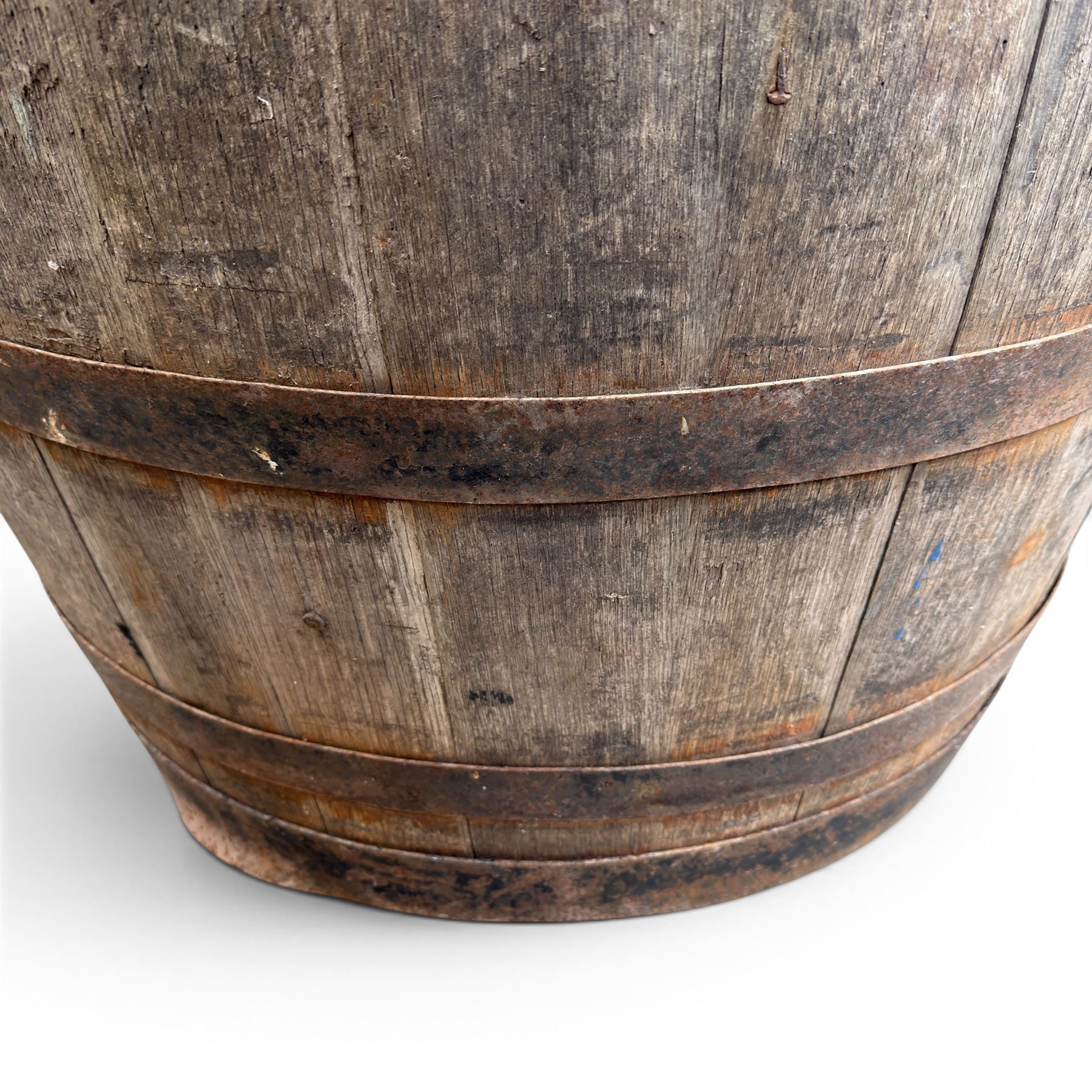 Vintage oak and metal bound whiskey barrel