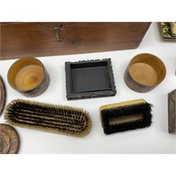 Folk art style dressing table set to include tray, mirror, brush etc, together with pair of wooden tulip vases, large wooden box etc 