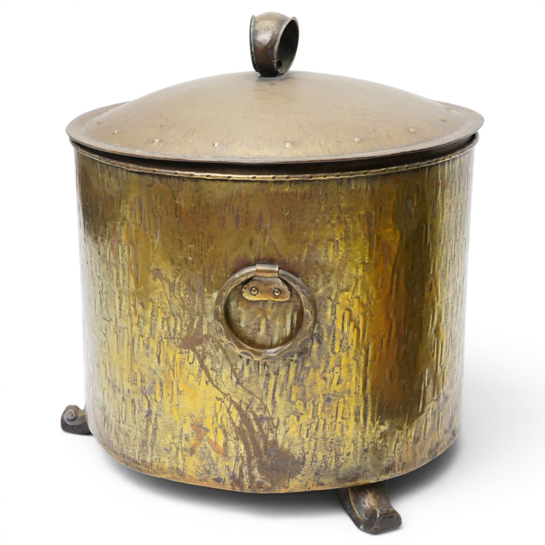 Pair of 19th century brass coal buckets, twin carrying handles and with liners, on scroll feet, H42cm (2)
Provenance: Kirkham Hall