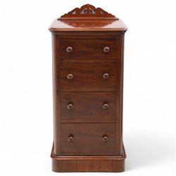 Pair of tall Victorian mahogany bedside chests, of narrow upright form, rectangular top with moulded edge, the back with raised pierced fretwork gallery, above four graduated drawers with knob handles, raised on a plinth base 
