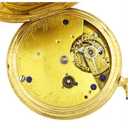 Victorian 18ct gold full hunter key wound lever pocket watch by J & W Marshall, 44 George Street, Edinburgh, No. 9637, engraved balance cock with diamond endstone, white enamel dial with Roman numeral hour markers and subsidiary seconds dial, back case engraved with monogrammed initials, stag below emblem 'Si Deus Quis Contra' by George Henry Hornby, London 1875