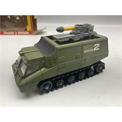 Corgi - die-cast model of James Bond Aston Martin DB5 No.271 with silver body and red interior, gold bumpers and four-spoke wheels, James Bond and two bandit figures; original window box with header card; and Dinky Shado 2 Mobile with one missile No.353; in window box (2)