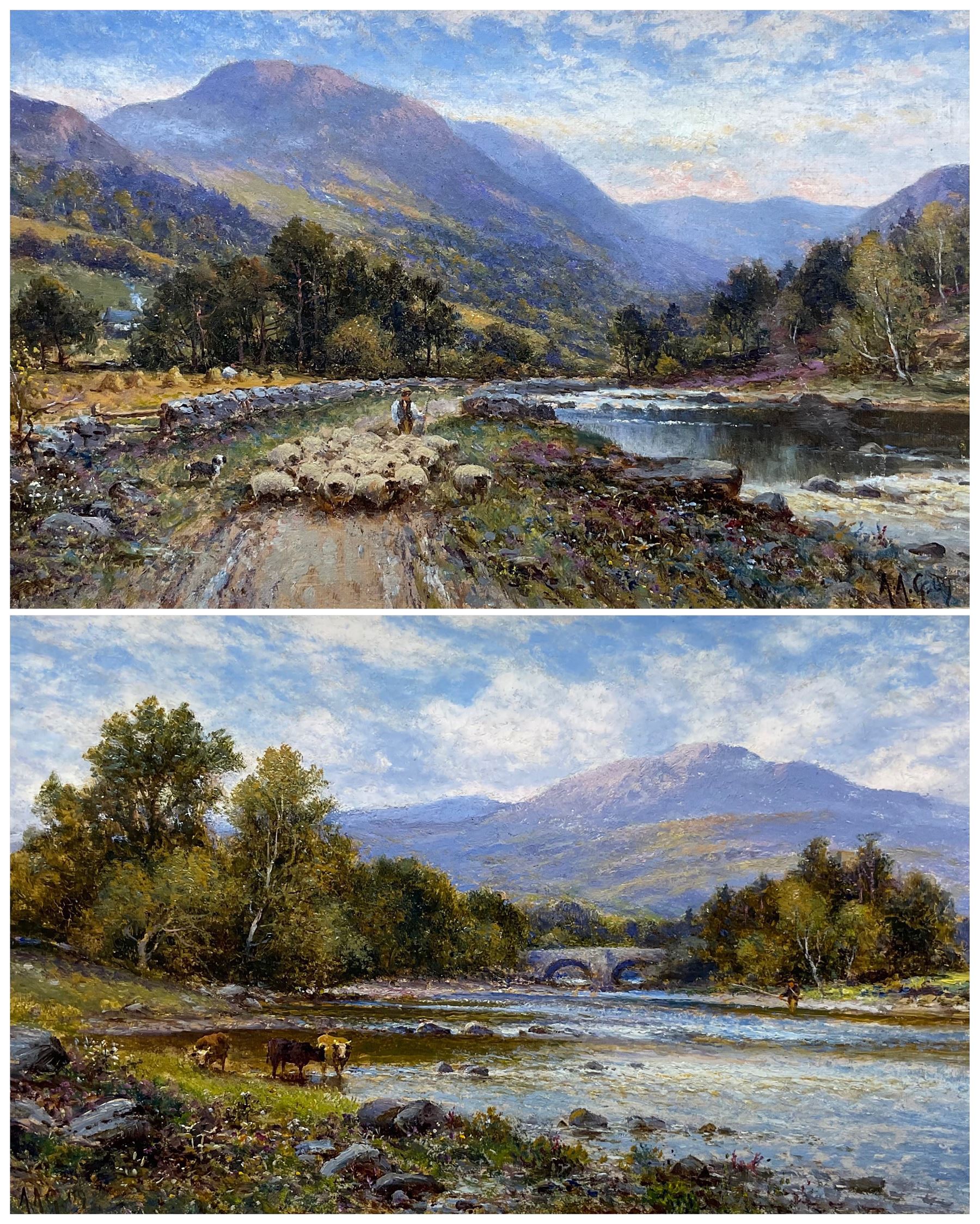 Alfred Augustus Glendening Snr. (British 1840-1921): Cattle and Sheep beside the River Dee, pair oils on board and canvas signed with monograms and dated '09, 19cm x 29cm (2)
Provenance: with original hand written letter of provenance from Uncle Bob (R W Cameron, Tailor of Queen's Road, London) gifting the pictures to his niece Diddy for her 21st Birthday dated March 1st 1910