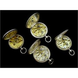 Four silver cylinder ladies pocket watches, all white enamel dials with Roman numerals