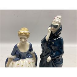 Two Royal Doulton Figures, comprising Masque HN2554, Alison HN2336, together with Beswick Benjamin Bunny, Goebel boy with goats and a Faberge style blue glass egg with gilded laurel and star design